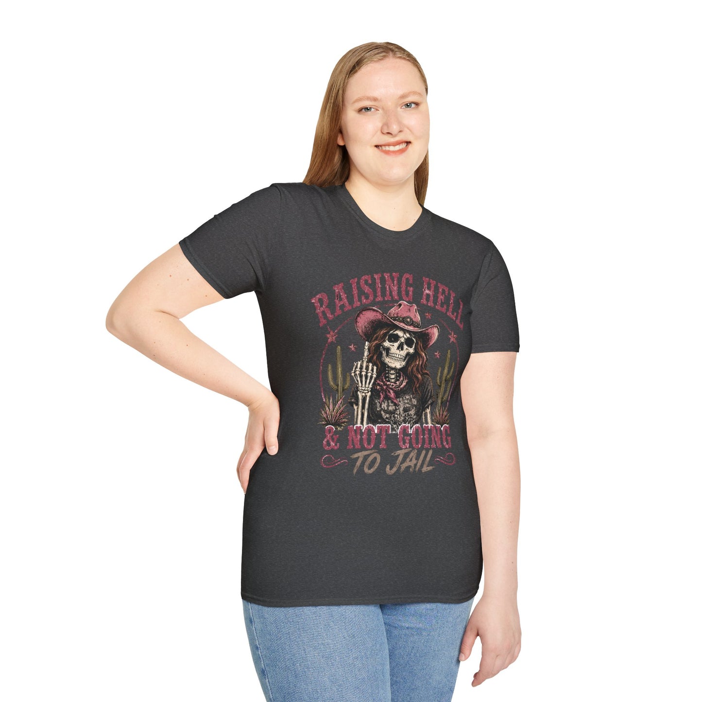 Raising Hell & Not Going to Jail Graphic T-Shirt — Western Skeleton Cowgirl Tee