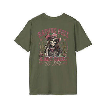Raising Hell Skull Cowboy T-Shirt — "Raising Hell & Not Going to Jail" Vintage Cactus Tee