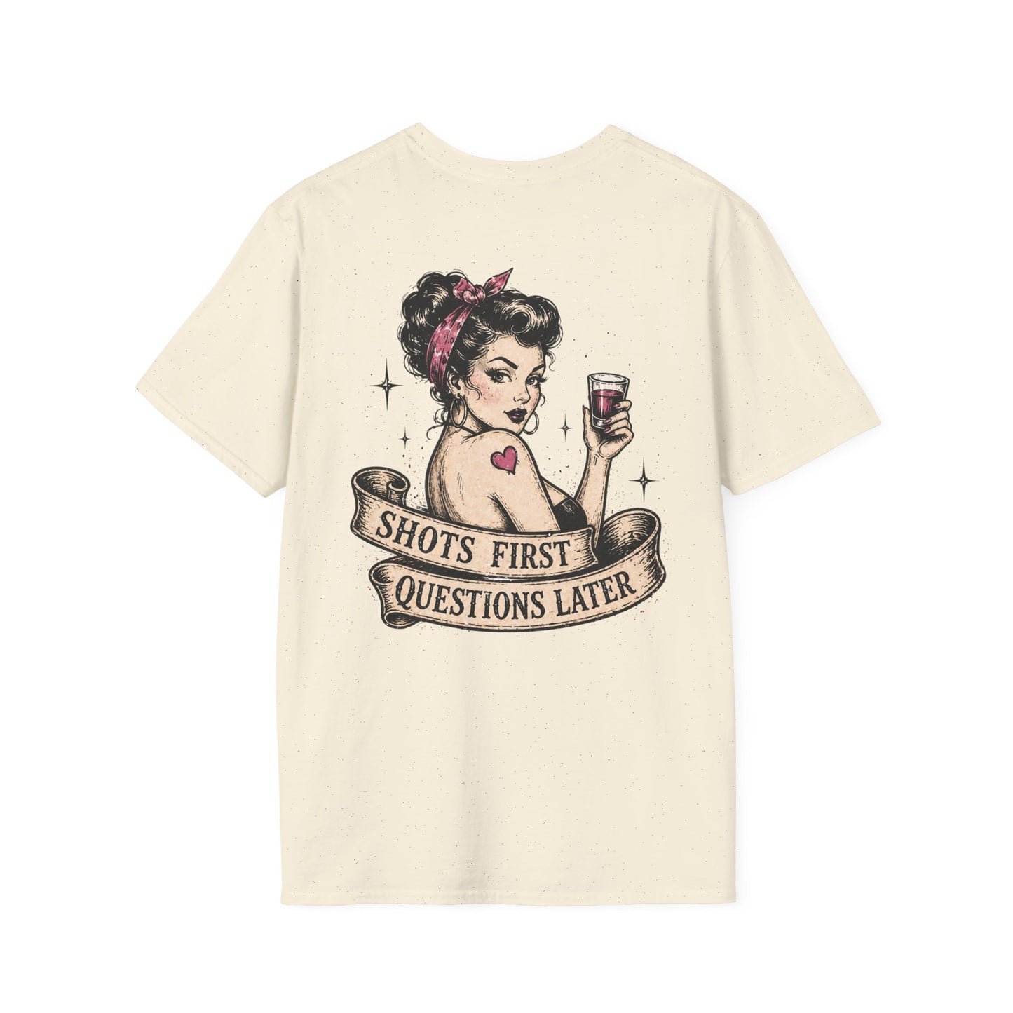 Vintage Pinup T-Shirt — "Shots First, Questions Later" Graphic Tee