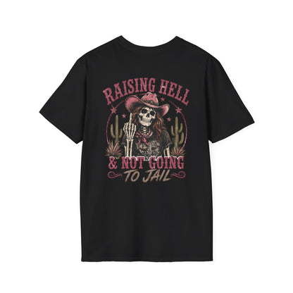 Raising Hell Skull Cowboy T-Shirt — "Raising Hell & Not Going to Jail" Vintage Cactus Tee