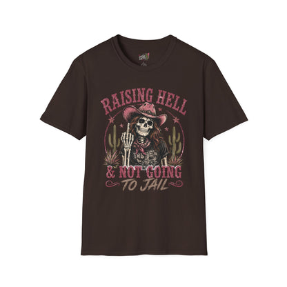 Raising Hell & Not Going to Jail Graphic T-Shirt — Western Skeleton Cowgirl Tee