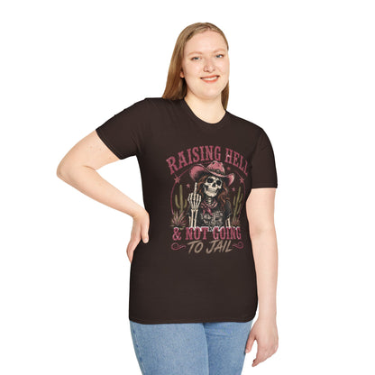 Raising Hell & Not Going to Jail Graphic T-Shirt — Western Skeleton Cowgirl Tee