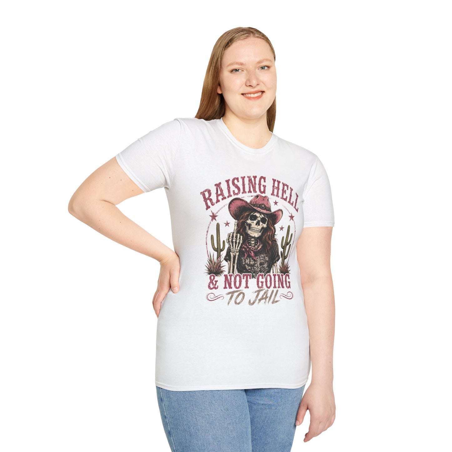 Raising Hell & Not Going to Jail Graphic T-Shirt — Western Skeleton Cowgirl Tee