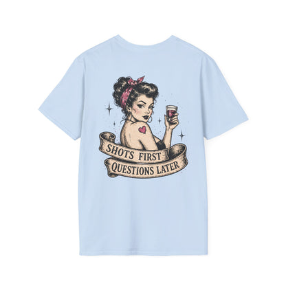 Vintage Pinup T-Shirt — "Shots First, Questions Later" Graphic Tee