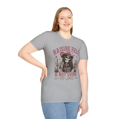 Raising Hell & Not Going to Jail Graphic T-Shirt — Western Skeleton Cowgirl Tee