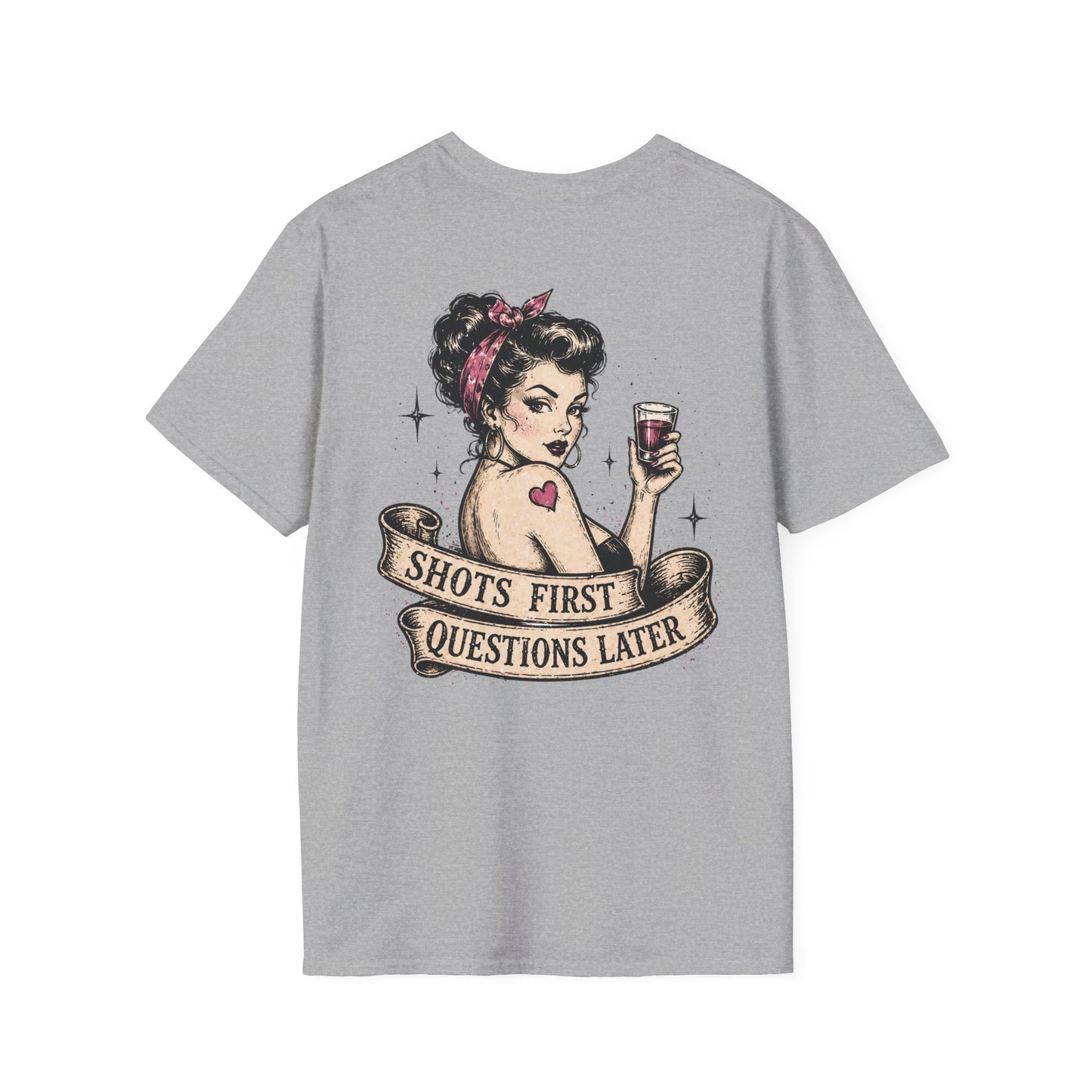Vintage Pinup T-Shirt — "Shots First, Questions Later" Graphic Tee