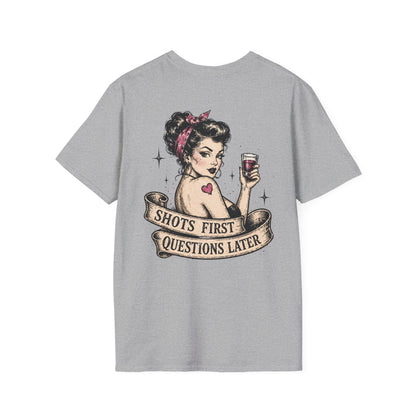 Vintage Pinup T-Shirt — "Shots First, Questions Later" Graphic Tee