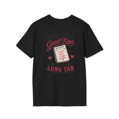 Graphic T-Shirt — “Here for a Good Time, Not a Long Tab” Retro Cactus Design