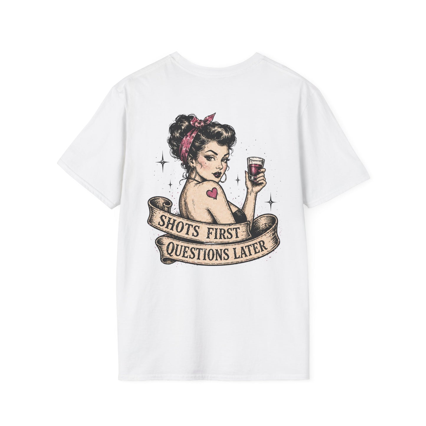 Vintage Pinup T-Shirt — "Shots First, Questions Later" Graphic Tee