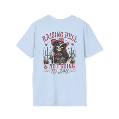 Raising Hell Skull Cowboy T-Shirt — "Raising Hell & Not Going to Jail" Vintage Cactus Tee