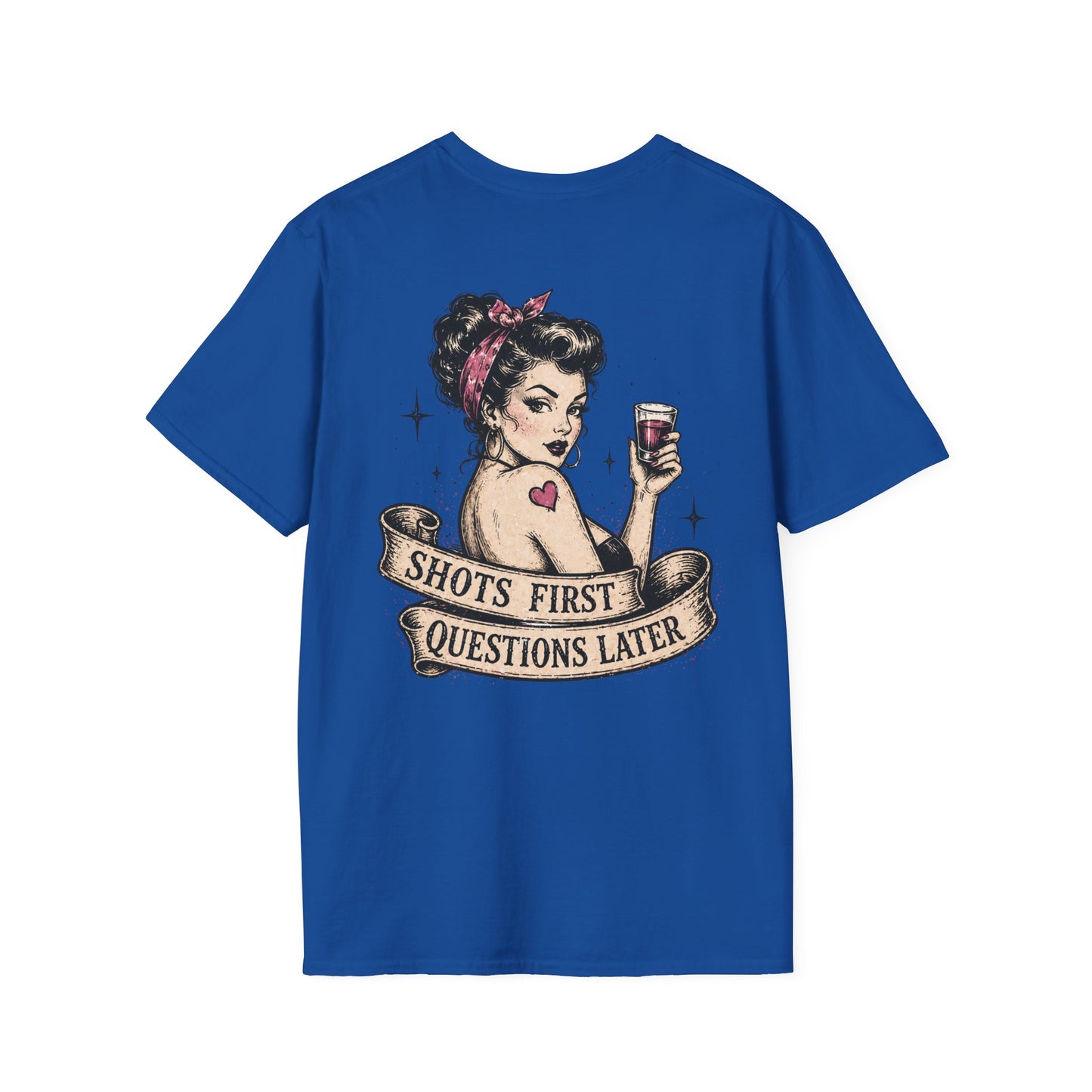 Vintage Pinup T-Shirt — "Shots First, Questions Later" Graphic Tee