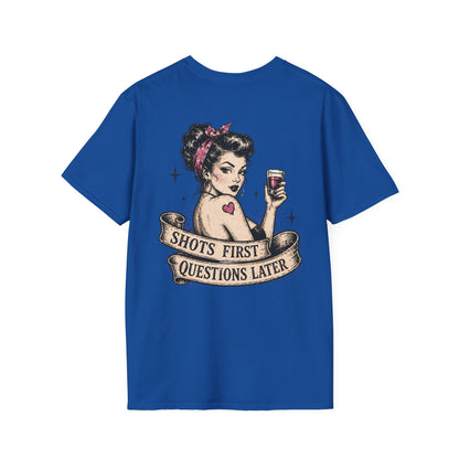 Vintage Pinup T-Shirt — "Shots First, Questions Later" Graphic Tee