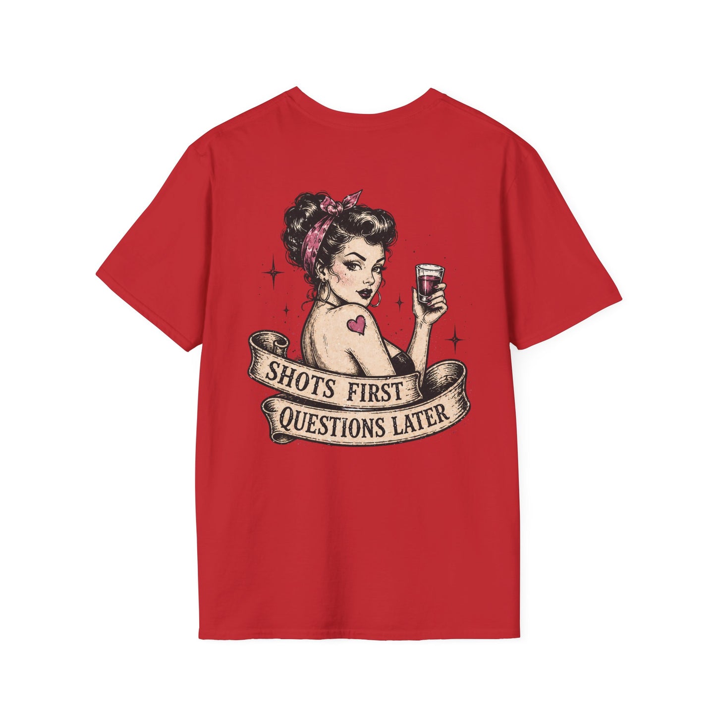Vintage Pinup T-Shirt — "Shots First, Questions Later" Graphic Tee