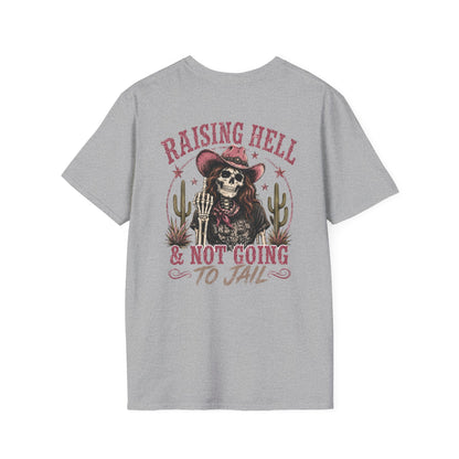 Raising Hell Skull Cowboy T-Shirt — "Raising Hell & Not Going to Jail" Vintage Cactus Tee