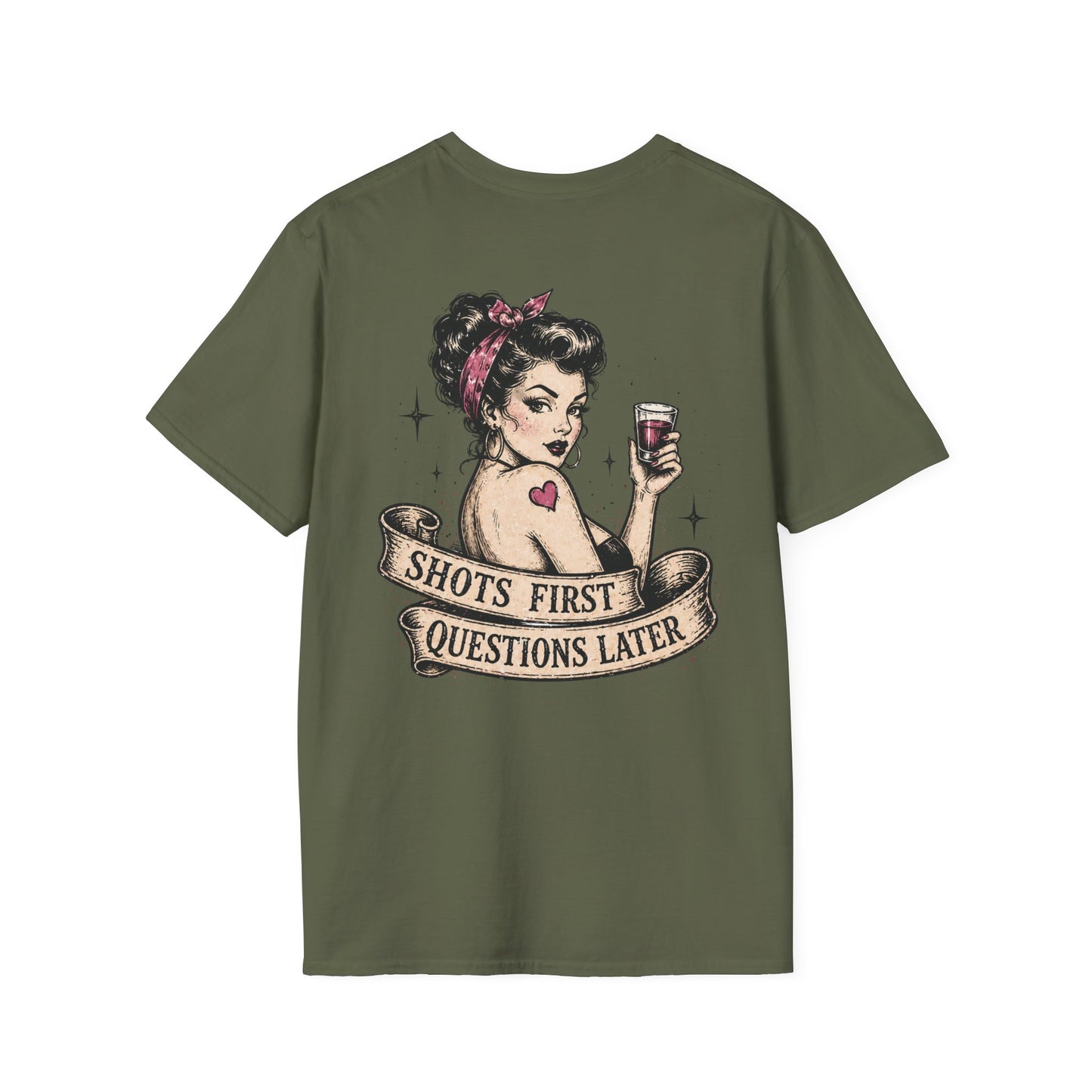 Vintage Pinup T-Shirt — "Shots First, Questions Later" Graphic Tee