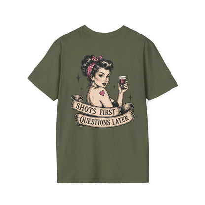 Vintage Pinup T-Shirt — "Shots First, Questions Later" Graphic Tee
