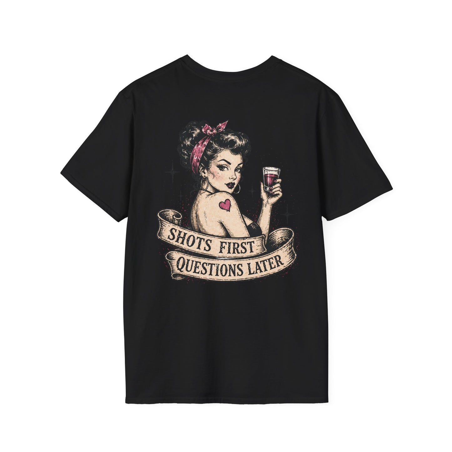 Vintage Pinup T-Shirt — "Shots First, Questions Later" Graphic Tee