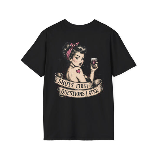 Vintage Pinup T-Shirt — "Shots First, Questions Later" Graphic Tee