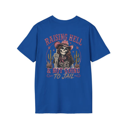 Raising Hell Skull Cowboy T-Shirt — "Raising Hell & Not Going to Jail" Vintage Cactus Tee