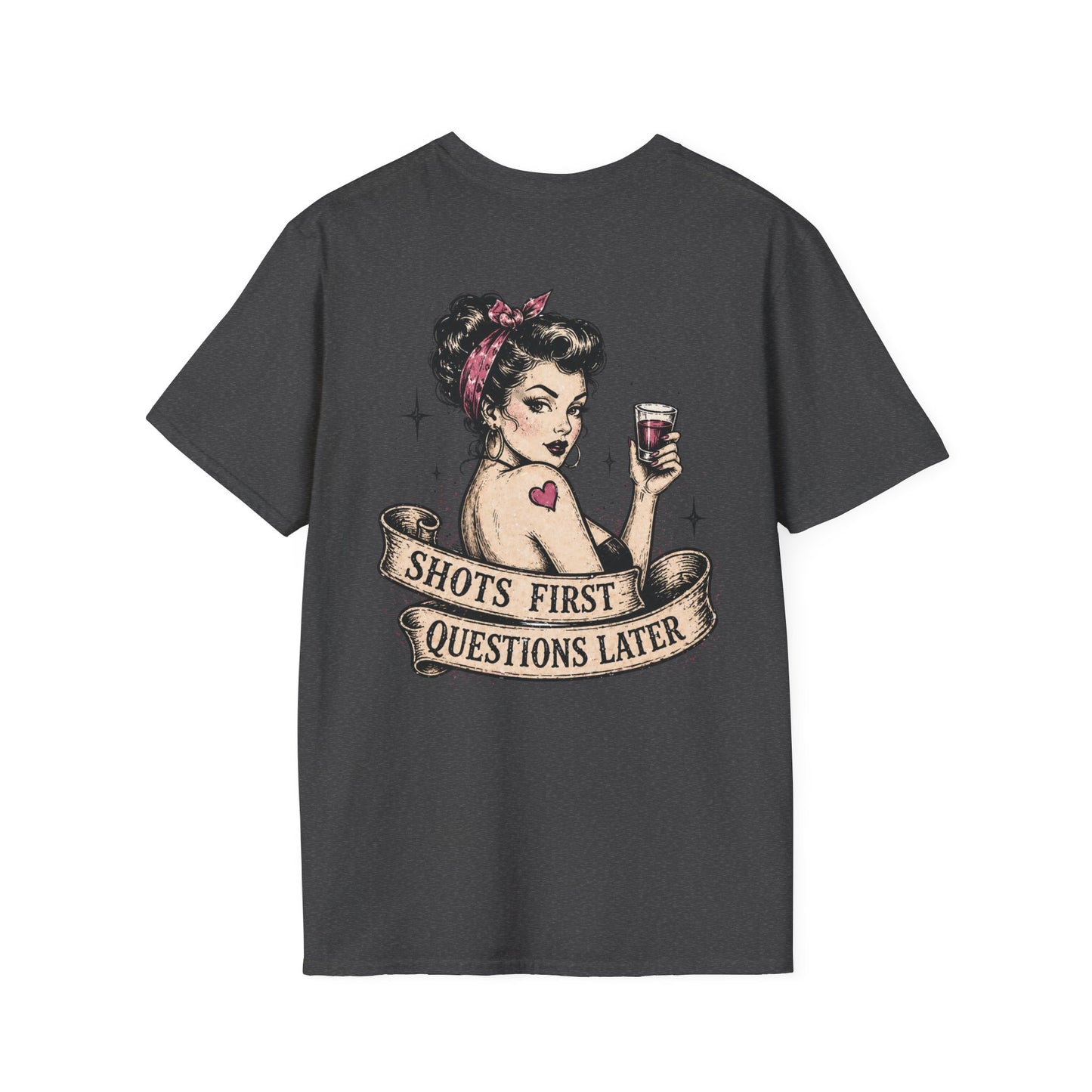 Vintage Pinup T-Shirt — "Shots First, Questions Later" Graphic Tee