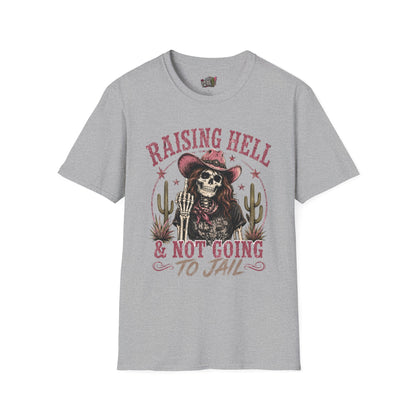 Raising Hell & Not Going to Jail Graphic T-Shirt — Western Skeleton Cowgirl Tee