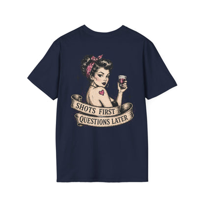 Vintage Pinup T-Shirt — "Shots First, Questions Later" Graphic Tee