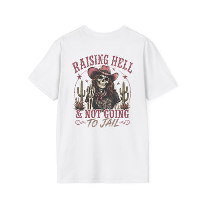 Raising Hell Skull Cowboy T-Shirt — "Raising Hell & Not Going to Jail" Vintage Cactus Tee