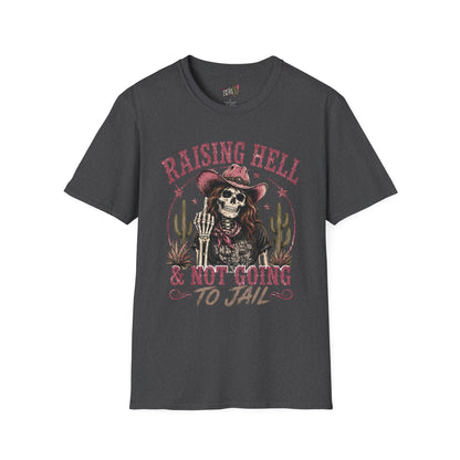 Raising Hell & Not Going to Jail Graphic T-Shirt — Western Skeleton Cowgirl Tee
