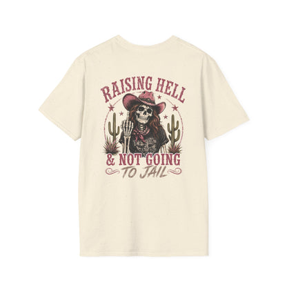 Raising Hell Skull Cowboy T-Shirt — "Raising Hell & Not Going to Jail" Vintage Cactus Tee