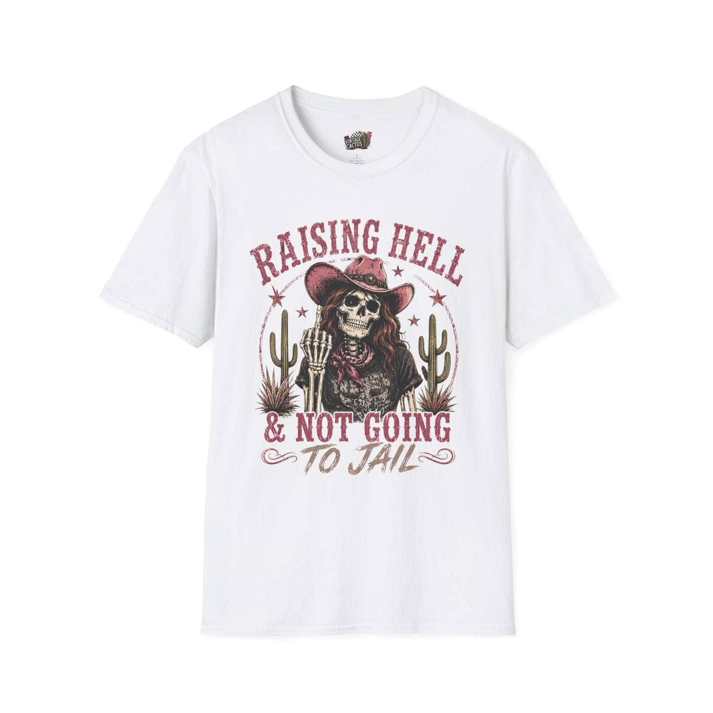 Raising Hell & Not Going to Jail Graphic T-Shirt — Western Skeleton Cowgirl Tee