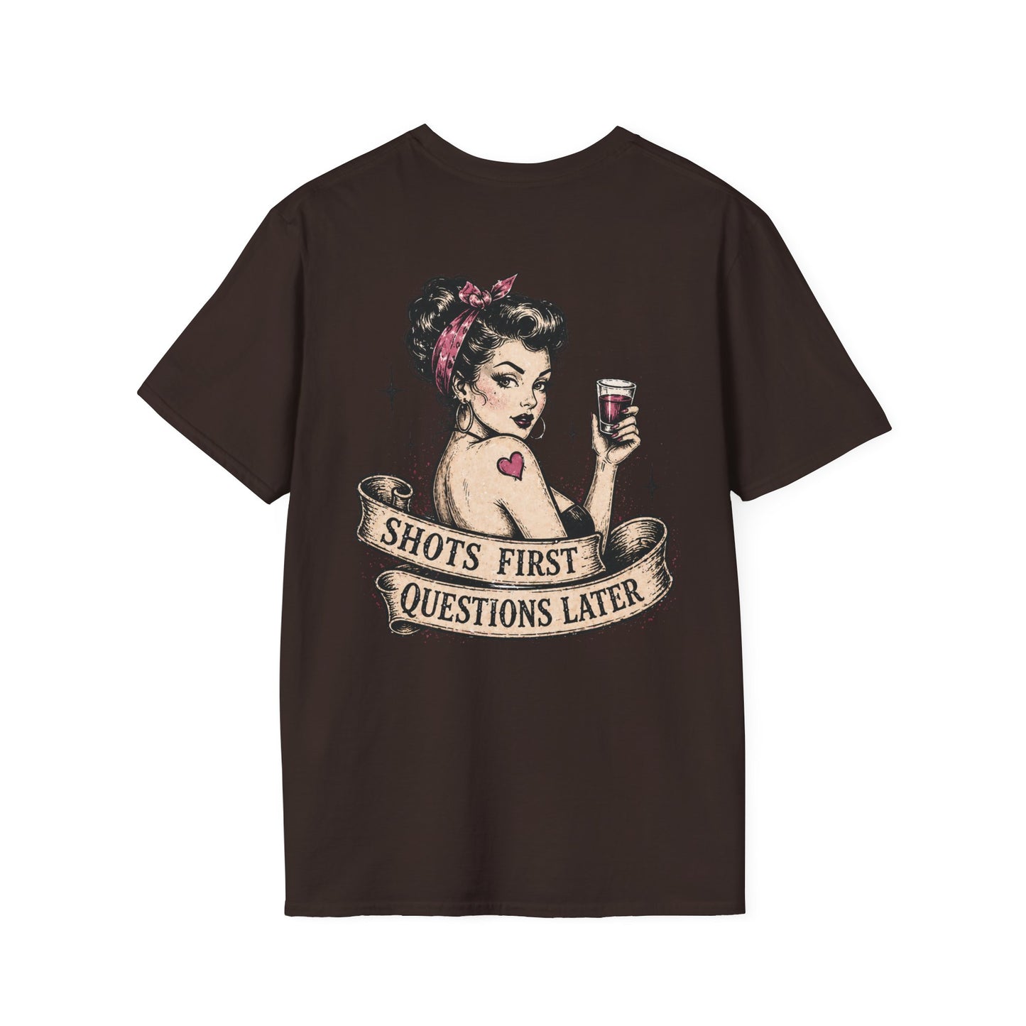 Vintage Pinup T-Shirt — "Shots First, Questions Later" Graphic Tee