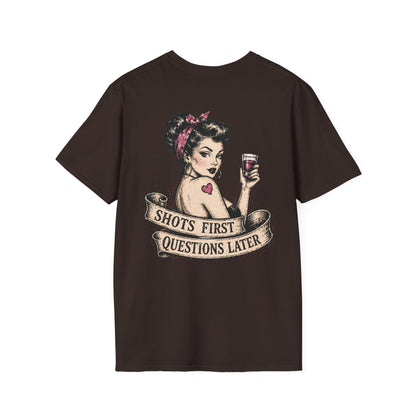 Vintage Pinup T-Shirt — "Shots First, Questions Later" Graphic Tee